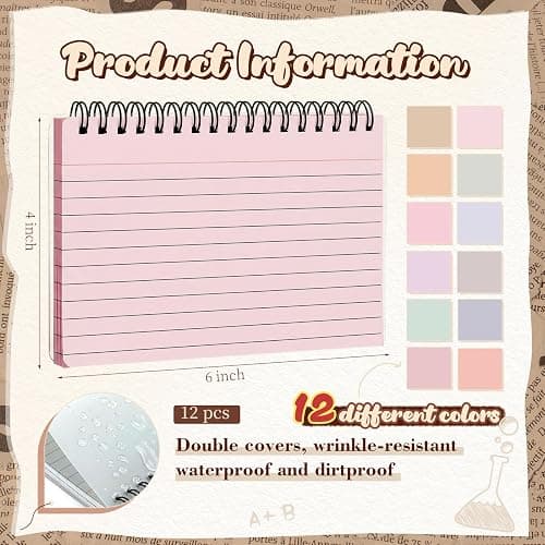 Tosstuki 12 Pcs 4x6 Spiral Index Cards with Rings 600 Cards, Dreamy | Colored Ruled Notecards with Waterproof Covers, Spiral Flashcards for Studying, Learning Supply for Office School College thumbnail 2