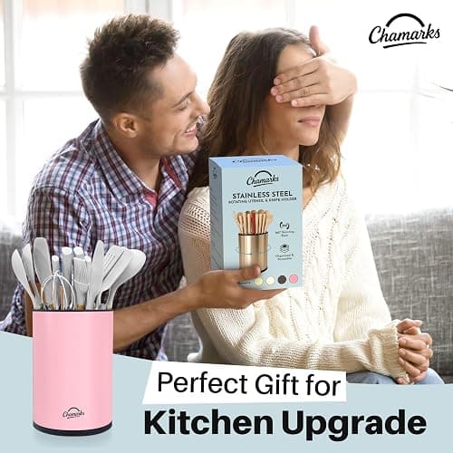CHAMARKS 3-in-1 Kitchen Utensil Holder for countertop with Knife Block and Silverware Caddy. (Pink) thumbnail 8
