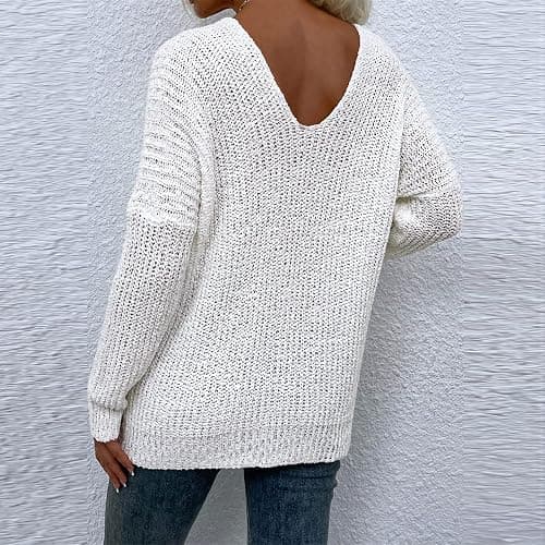 Sexy V Neck Sweaters for Women Off Shoulder Jumper Long Sleeve Lightweight Knit Top Casual Loose Fit Fall Pullover Sweater thumbnail 3