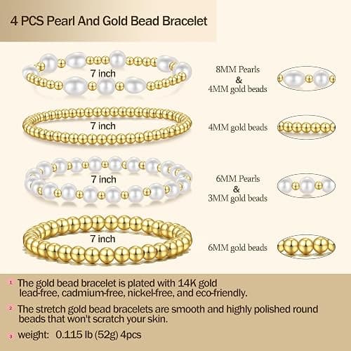 Gold Beaded Bracelets for Women Baroque Pearl Stackable14K Gold Plated Stretch Bead Ball Bracelet Jewelry Gifts thumbnail 2