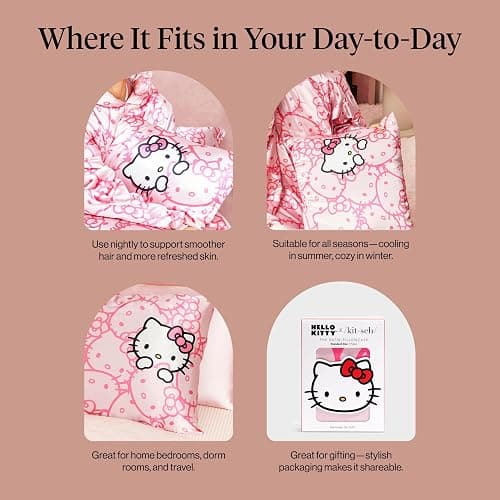 Kitsch x Hello Kitty Pillow Case – Pink Kitty Faces Toddler Bed Time Satin Pillowcase with Zipper – Soft Cooling Pillow Cover for Hair & Skin – Better Than Silk Pillowcase – Queen/Standard 19x26 thumbnail 7