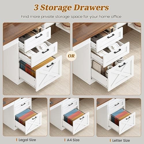 SEDETA Farmhouse 96.5" Computer Desk with Drawers, 2 Person Home Office Desk, Gaming Double Desk with Storage Shelves, Long Two Person Writing Desk (White and Brown) thumbnail 4
