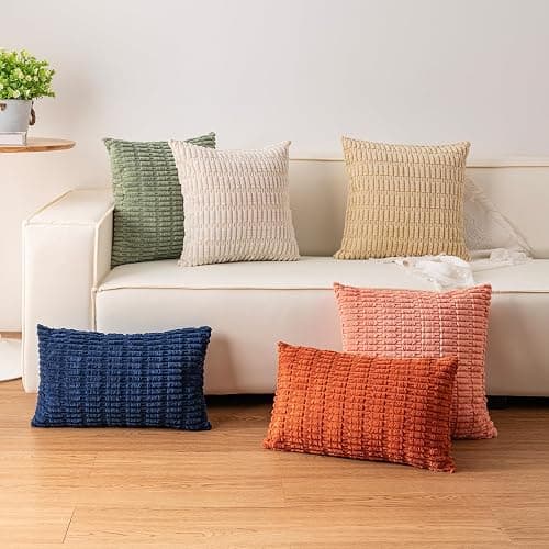 Aegero Pack of 2 Corduroy Decorative Throw Pillow Covers 18x18 Inch Soft Striped Pillow Covers Modern Farmhouse Home Decor for Sofa Living Room Couch Bed(Cream White) thumbnail 5