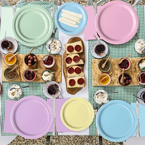 Oigco 60 PCS Pastel Paper Plates and Napkins, Pastel Party Decorations, Rainbow Paper Plates for Colorful Birthday Baby Shower Wedding thumbnail 4