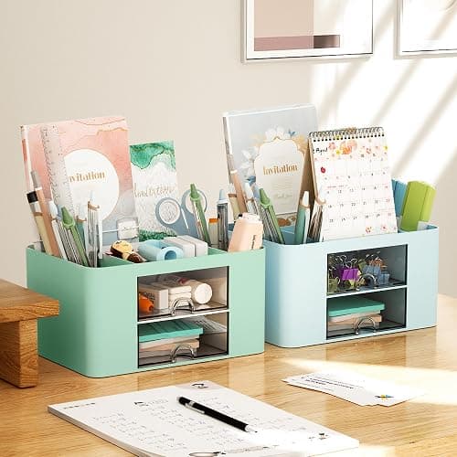 Marbrasse Pen Organizer with 2 Drawer, Multi-Functional Pencil Holder for Desk, Desk Organizers and Accessories with 5 Compartments + Drawer for Office Art Supplies (Green) thumbnail 6