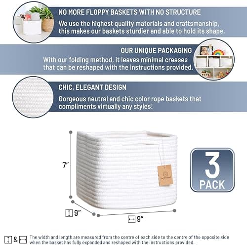 NaturalCozy Storage Cubes 9”x9”x7”Cotton Rope Woven Baskets for Organizing 3-Pack | 9 Inch Cube Storage Bin | Small Basket for Shelf Nursery, Pantry, Decorative Plant, Bathroom Closet, Toy Gift thumbnail 3