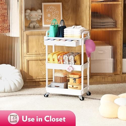 SUNALLY Makeup Cart Organizer with Drawers, Floor Skincare Organizers Vanity Storage Organizer, Rolling Makeup Bathroom Storage Cart Cosmetics Display Cases for Skin Care Perfume Nail Polish, White thumbnail 2