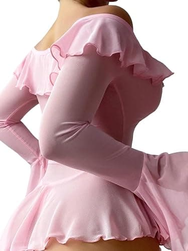 Neohouny Sexy Lingerie for Women Rave Outfits Clubwear See Through Lingerie Sets Bell Sleeve Ruffle Mesh Tops thumbnail 5