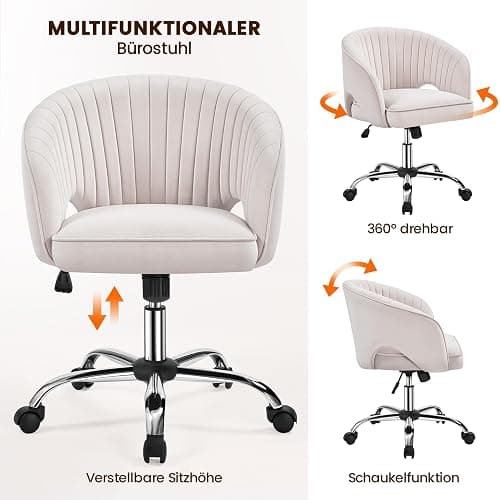Yaheetech Schminkstuhl mit Samtbezug, Schreibtischstuhl mit Armlehnen, Drehstuhl mit Rollen, Höhenverstellbar Homeoffice Stuhl, Bürosessel mit Schaukelfunktion, drehbar Polsterstuhl Cremeweiß thumbnail 6