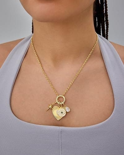 PAVOI 14K Gold Plated Cluster Toggle Pendant Heart Charm Necklace for Women - Chain Heart, Star, Gemstone Evil Eye, Teardrop Cubic Zirconia Pendant Gold Charms Necklaces thumbnail 2