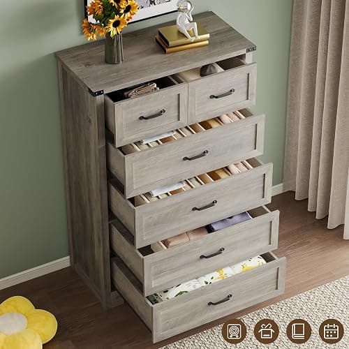 BORNOON Tall 6-Drawer Dresser for Bedroom, Modern Wooden Chest of Drawers with Metal Handles, Anti-Tipping Design, Sturdy and Stable Storage Organizer for Living Room, Entryway, Home Office thumbnail 4