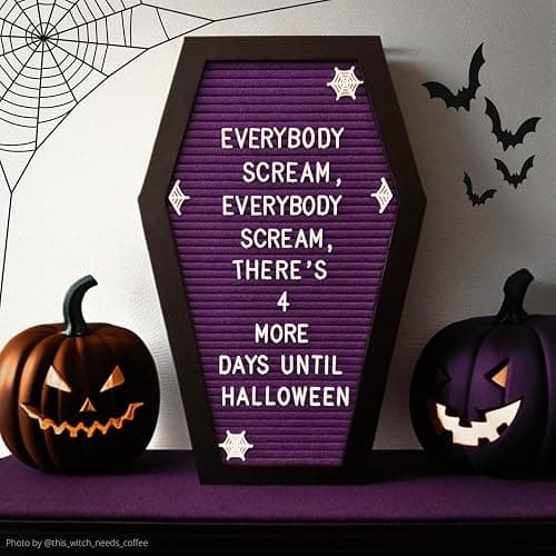 Nomnu Coffin Letter Board, Purple Goth Decor w/Bat Stickers, Spooky Emojis | Wood and Felt board 17x10.5 inches +650 characters 80+ spooky seasonal emojis, sawtooth hanger. Tabletop Stand thumbnail 5
