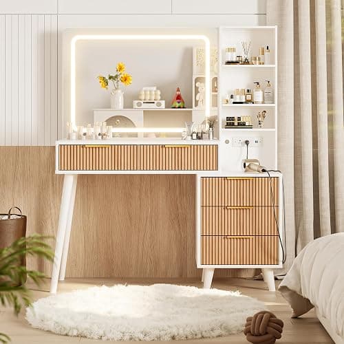 44" Vanity Desk with Mirror and Lights, Makeup Vanity Desk with Power Outlet, Makeup Desk with 5 Drawers&Storage Shelves, Vanity Table 3 Color Adjustable Brightness Dressing Table Set for Bedroom thumbnail 5