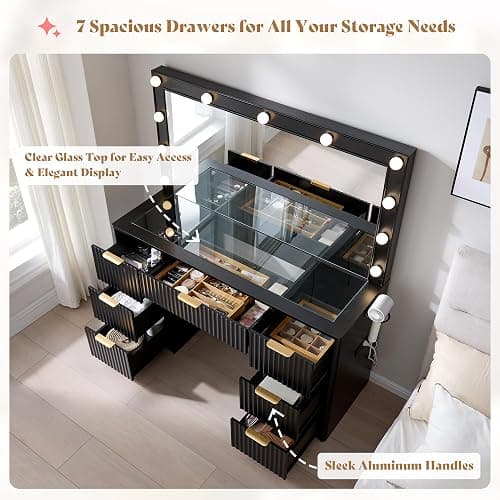 AMERLIFE 47.2" Fluted Vanity Desk with Large Mirror and Adjustable LED Lights, 7 Drawers Large Makeup Vanity Table with Glass Top and Charging Station for Women and Girls, Bedroom or Dorm, Black thumbnail 9