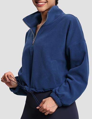 THE GYM PEOPLE Women’s Half Zip Crop Pullover Sweatshirt Fleece Loose Fit Workout Tops with Pockets Drawstring Hem thumbnail 3