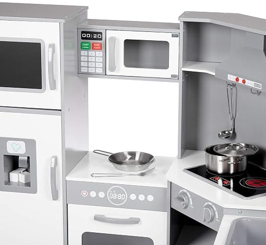 Amazon Basics Kids Corner Wooden Kitchen Toy Playset with Stove, Oven, Sink, Fridge and Accessories, for Toddlers, Preschoolers, Children Age 3+ Years, White & Gray, 39.37"L x 28.35"W x 35.04"H thumbnail 6