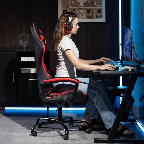 WENTUM Ergonomic Massage Gaming Chair for Kids Adults, Comfy PU Leather Office Desk Chair with Adjustable Headrest Lumbar Support 360° Swivel, Red thumbnail 2