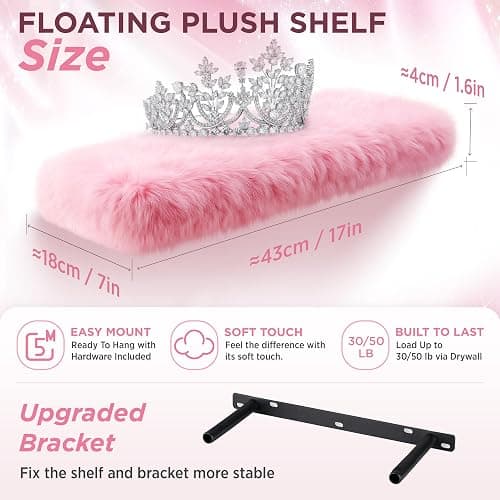 Pink Floating Shelves, Fluffy Wall Shelf for Girls Bedroom Vanity Decor | 16 IN Plush Fur Covered Shelves, Cute Girl Room Decor, Perfume Makeup Display Organizer, Stylish Aesthetic Wall Storage thumbnail 3