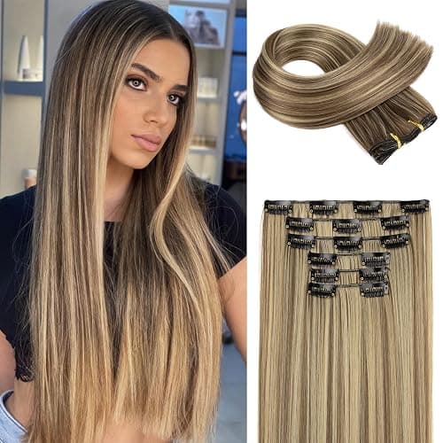 Flufymooz 6PC Clip in Hair Extensions 24" Straight Long Extensions for Women Synthetic Hairpiece (Brown with Blonde Highlights) - Image 1