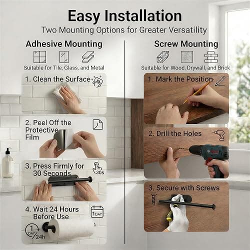 Paper Towel Holder Under Cabinet, Self Adhesive or Screw Mount, Fits Most Standard US Paper Towel Rolls, SUS304 Stainless Steel, Black thumbnail 4