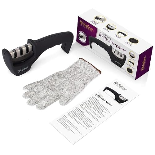 4-in-1 Kitchen Knife Accessories: 3-Stage Knife Sharpener Helps Repair, Restore, Polish Blades and Cut-Resistant Glove (Black) thumbnail 5