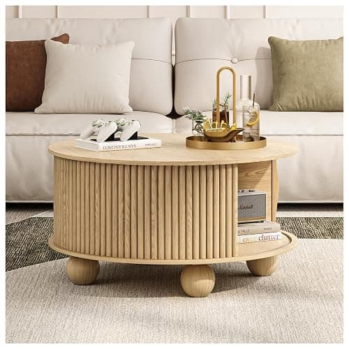 Vanvuson Round Coffee Table with Storage, 31.5" Mid Century Modern Coffee Table with Sliding Door & Bun Feet, Minimalist Fluted Center Table for Living Room, Home Small Space, Oak thumbnail 6