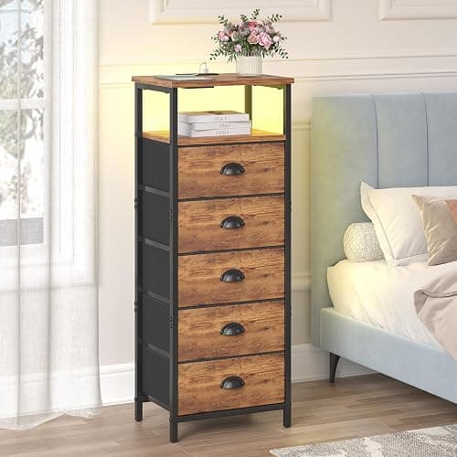 sthmec Nightstand with Charging Station,LED Night Stand with 5 Fabric Drawers, Bedside End Tables, 2-Tier Open Storage Shelf Side Table Nightstands with Drawers for Bedroom,Rustic Brown thumbnail 2