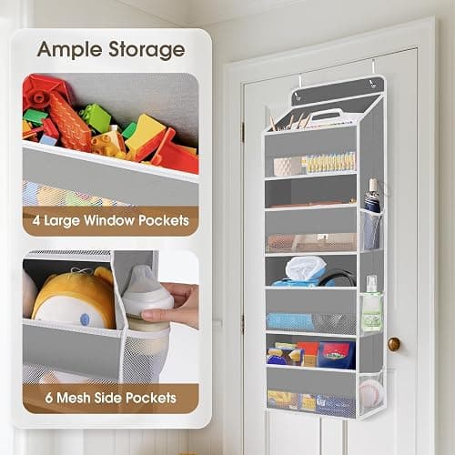SpaceHacks 1 Pack Over The Door Organizer, Hanging Storage Organizer with Clear Window, 40lb Ultra Sturdy Large Capacity Room Organizer for Pantry Laundry Bathroom Nursery Closet Baby Essential (Grey) thumbnail 4