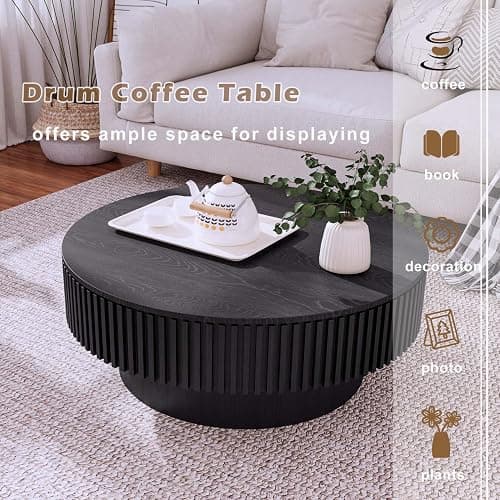 Round Coffee Table with Storage, Modern Wooden Coffee Table with Solid Wood Veneered, Circle Center Table Accent Tea Table for Living Room Apartment Small Space (31.5''L × 31.5''W × 14''H, Black) thumbnail 5