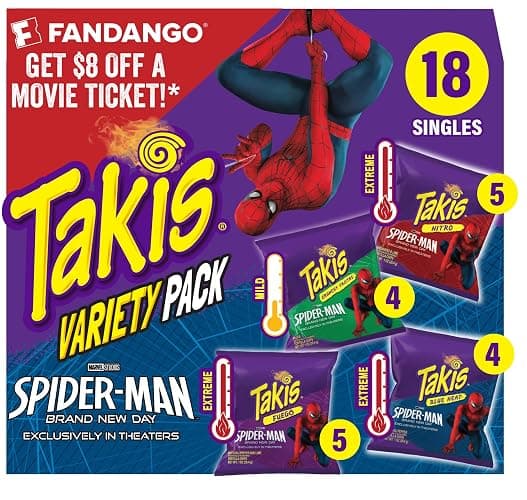 Takis 18 pc / 1 oz Variety Pack, Assorted Flavored Mixed Rolled Tortilla Chips – (5) Fuego, (5) Blue Heat, (4) Nitro, (4) Crunchy Fajitas - Image 1