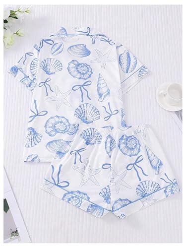WDIRARA Women's Two Piece Animal Print Short Sleeve Button Shirt and Elastic Waist Shorts Pajama Set thumbnail 2