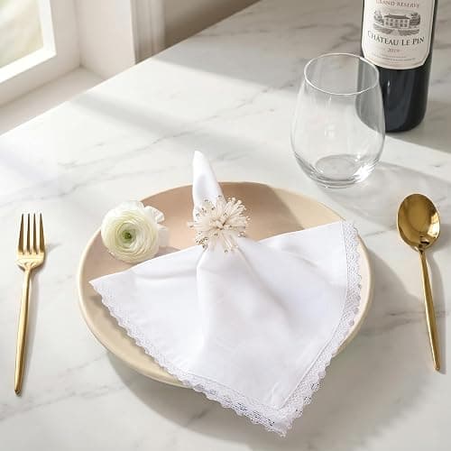 FINGERCRAFT Lace Cloth Napkins, 100% Cotton, 12 Pack, 20x20 Inch, White | Premium Crochet lace, mitered Corners, Pre-Shrunk, absorbent, suits everyday use, farmhouse, weddings, Christmas dinner thumbnail 2