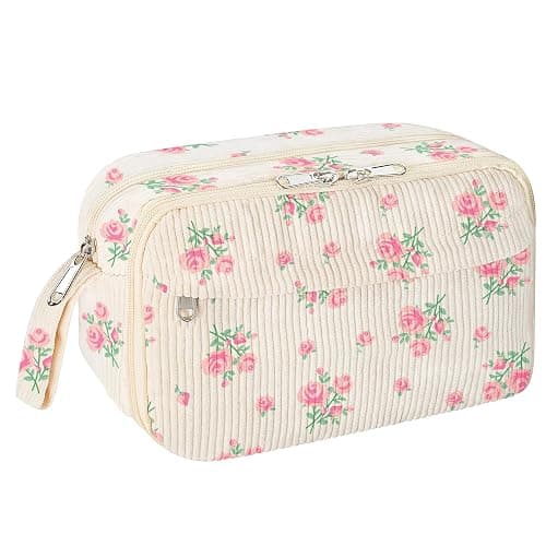 WOBAGMEN Cute Pencil Case for Girls,Large Corduroy Zippered Pencil Case Pouch, aesthetic Pencil Bag with Compartments, Soft Pencil Pouch School Supplies for Teen Girls Boys and Women(pink floral) - Image 1