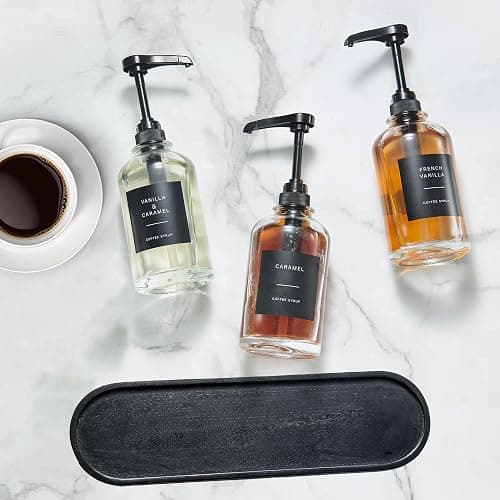 Coffee Syrup Dispenser for Coffee Bar, Glass Syrup Dispenser with 1/4oz Large Capacity Pump, Coffee Syrup Pump Dispenser Bottle for Coffee Station, Coffee Bar Organizer, Black with Tray,16.9oz thumbnail 6