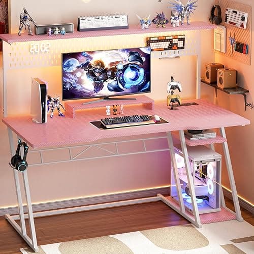 Armocity Pink Gaming Desk with Hutch and LED Lights, 53" Computer Desk with Storage Shelves, Reversible PC Gaming Desk with Pegboard, Gamer Desks for Bedroom, Carbon Fiber Surface thumbnail 2