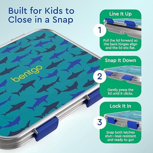 Bentgo Kids Stainless Steel Prints Leak-Resistant Lunch Box - 3-Compartments with Bonus Silicone Container, Durable, Eco-Friendly, Dishwasher Safe, BPA-Free, Ideal for School, Ages 3+ (Shark) thumbnail 5