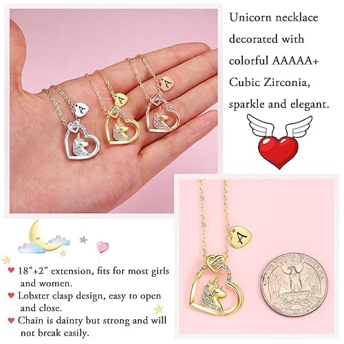 Hidepoo Unicorn Necklace Gifts for Girls - 14K Gold/Rose Gold/White Gold Plated Colorful CZ Heart Unicorn Necklace Little Girls Jewelry Initial Unicorn Necklace Birthday Gifts Unicorn Gifts for Girls - A. - Gold thumbnail 6