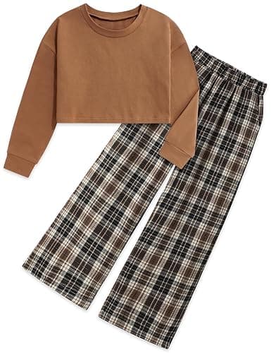 Gaupafmb Girls Clothes Solid Long Sleeve Tops Plaid Wide Leg Pants with Pockets Girls Outfits Size 6-14 - Image 1