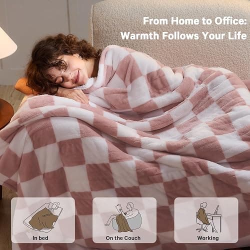 Light Pink Heated Blanket Electric Throw, 50X60 Heating Blanket with 10 Heat Levels & 8 Hours Auto Off for Lap, Checkered Plaid Soft Sherpa Blankets Warmer Gifts for Couch Grandma Women Adults thumbnail 5