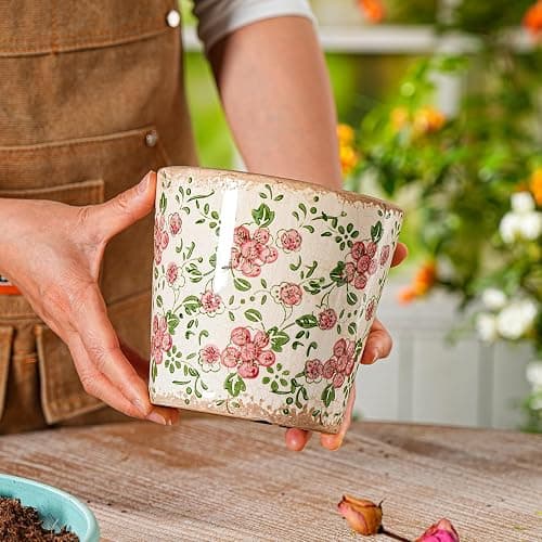Sungmor Vintage Ceramic Planter Set of 2 - Decorative Indoor & Outdoor Flower Pots with Drainage Holes - Tuscan Décor Pots, 5.5" Ice Crackle Glaze Planters for Home, Kitchen, Patio, and Garden thumbnail 6