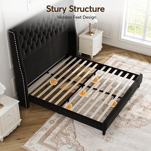 SEREINEY Full Bed Frame with 55" Tall Headboard, Upholstered Bed Frames, Soft Fabric, Button Tufted Headboard with Windback, Platform Bed, Noise-Free, No Box Spring Needed, Black thumbnail 7