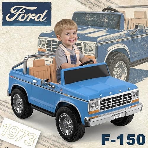 ANPABO Licensed Ford F-150 24V 2 Seater Ride on Car for Kids, Blue | Retro all-terrain 24v ride on toys for ages 3-8 w/parent remote, 4x100w motors, 3 speeds, large storage trunk & music player thumbnail 2