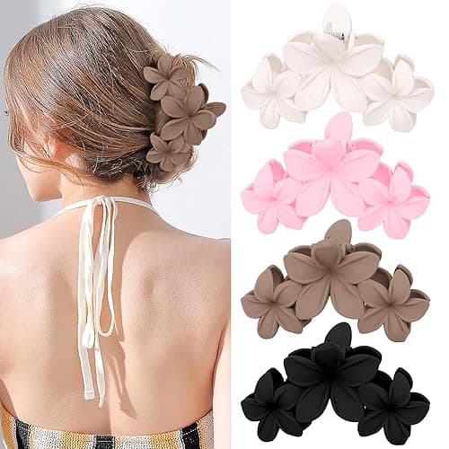 ANBALA Flower Hair Accessories: 4PCS Matte Plumeria Hair Claws, Strong Hold Clips for Women and Girls - white, brown, black, pink