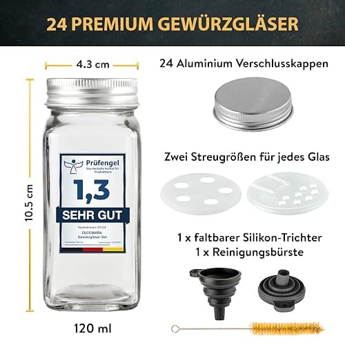 Cuccinara® 24 Gewürzgläser Eckig 120ml mit 210 Etiketten, Aluminiumdeckel & Streueinsätzen (grob & fein) - Luftdichte Gewürzdosen inkl. Trichter, Permanentmarker & Bürste - Spülmaschinenfest thumbnail 2
