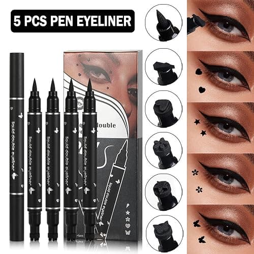 XINGXYUEL 5PCS Liquid Winged Eyeliner Stamp Pen Set - Double-headed Black Eye Liner Pencil - Long-lasting Waterproof Stamp Eyeliner Set for Eye Makeup - Star, Heart, Flower, Butterfly, Triangle thumbnail 2