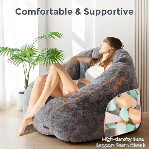 MAXYOYO Giant Bean Bag Chair, Oversized Bean Bag Couch for Adults and Kids, Faux Fur Shell-Shaped Large Chair with Filler, Stuffed Big Accent Sofa Lounge Floor Sofa for Gaming, Reading, Dark Grey thumbnail 8