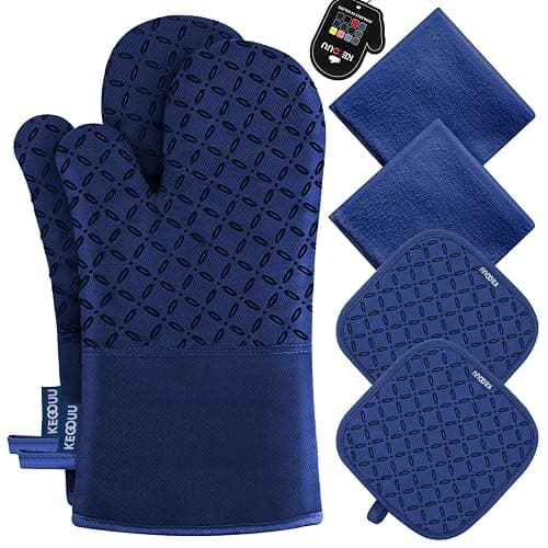 KEGOUU Oven Mitts and Pot Holders 6pcs Set, Kitchen Oven Glove High Heat Resistant 500 Degree Extra Long Oven Mitts and Potholder with Non-Slip Silicone Surface for Cooking(Marine Blue) - Image 1