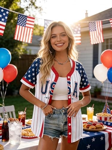 Women's American Flag Button Down Jersey Shirt Patriotic USA Short Sleeve Shirts 4th of July Baseball Tee Top thumbnail 3