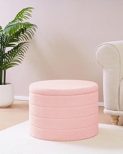 B FSOBEIIALEO Ottoman with Stroage, Round Sherpa Storage Ottoman Stool, Boucle Foot Rest22 x 22"x15.75" (Pink thumbnail 2