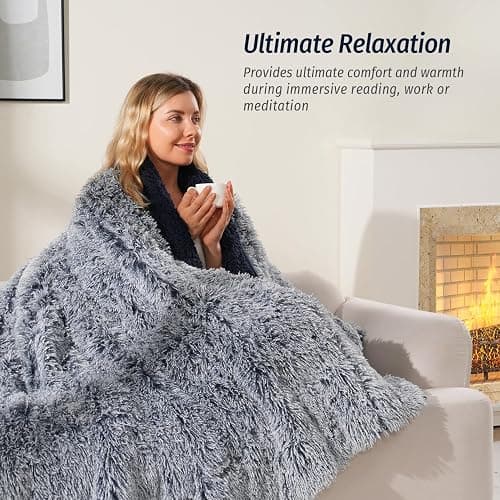 Wemore Shaggy Long Fur Faux Fur Weighted Blanket, Cozy and Plush Sherpa Long Hair Blanket for Adult 15lbs, Fluffy Fuzzy Sherpa Reverse Heavy Blanket for Bed, Couch, Backprint Navy Blue, 48 x 72 Inches thumbnail 4